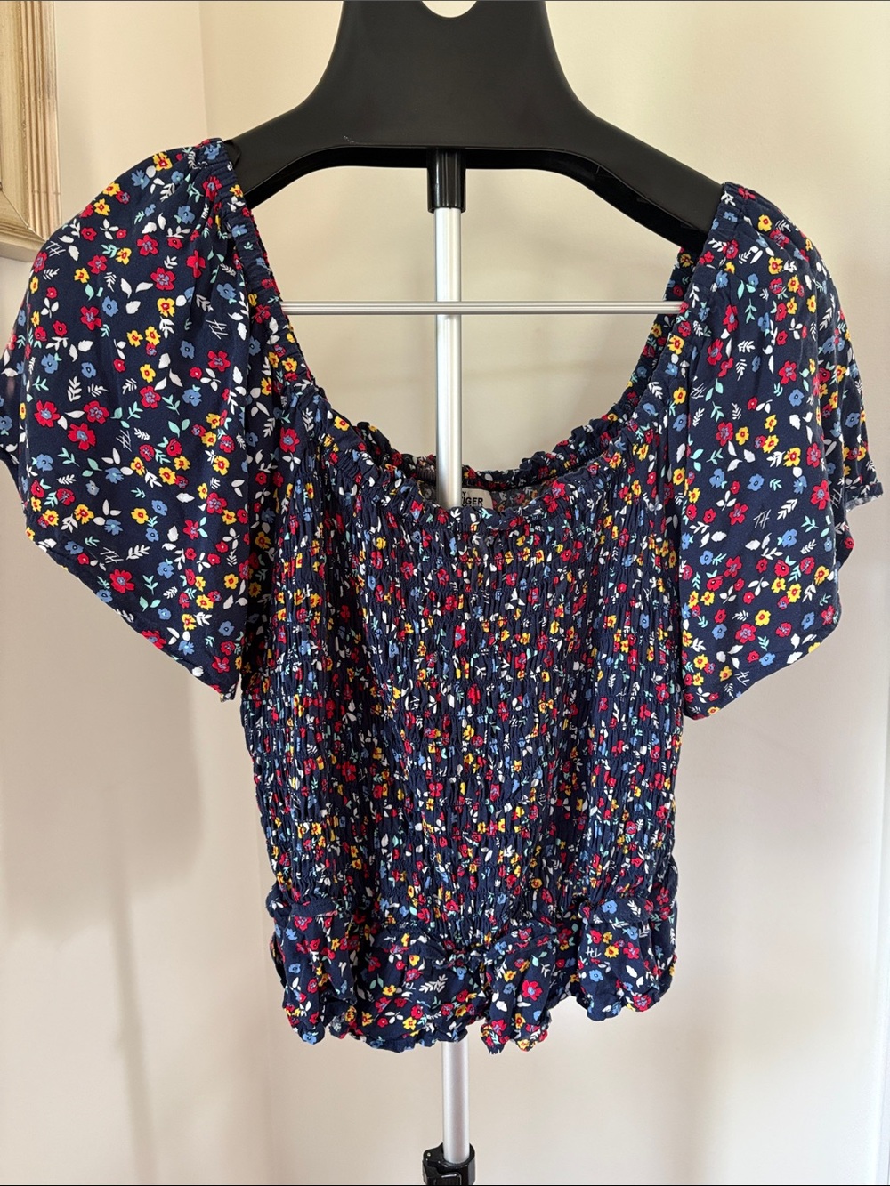 Tommy Hilfiger Smocked Cropped Fairy Coquette Puff-Sleeve Women's Cropped M Top
